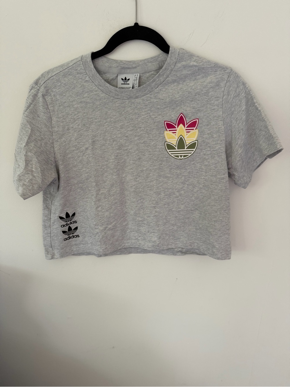 adidas Heather Gray Cropped Tee with Pink, Yellow & Olive Trefoil